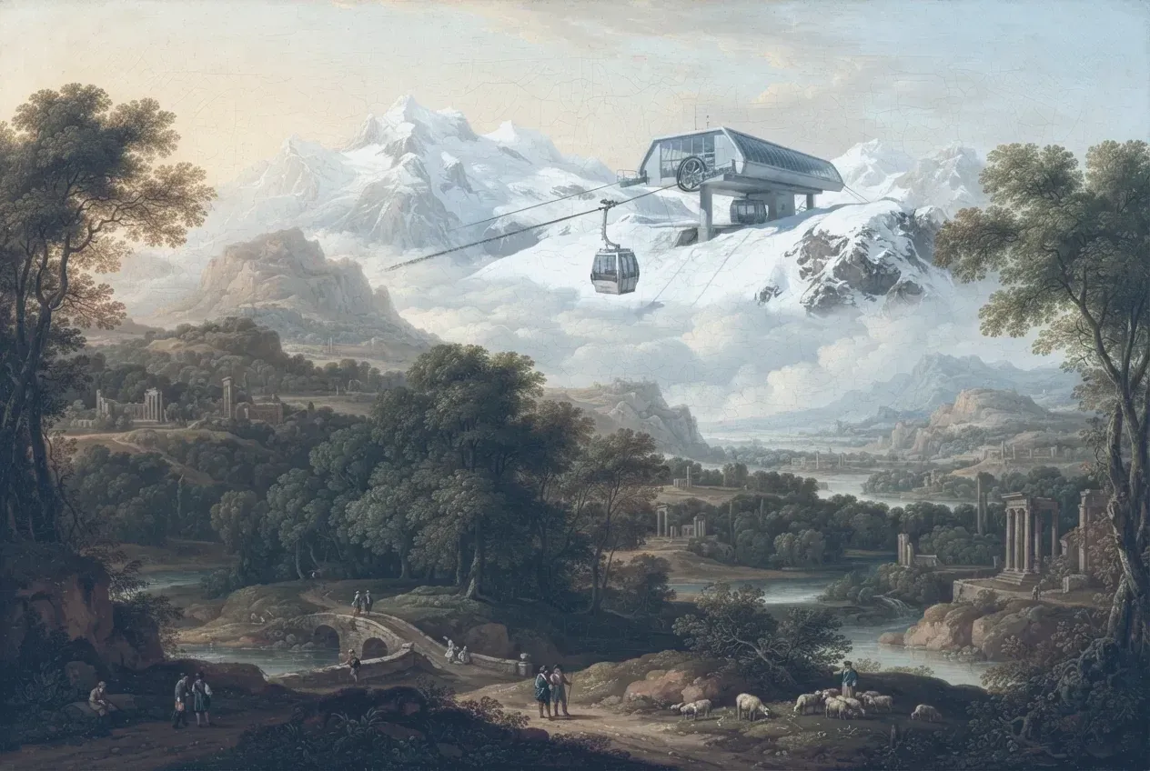 Painted alpine top station in old-master oil: a modern glass-and-steel building standing on a snow saddle above a sea of cloud, the haul rope arriving into it and one gondola short of the doors.