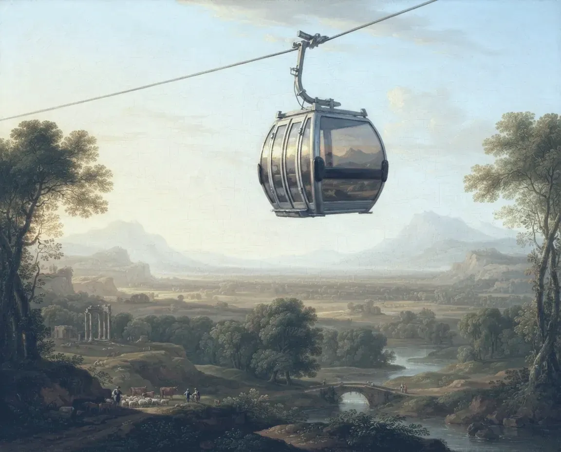 Painted alpine valley in old-master oil: a modern glass-and-steel gondola cabin seen close in three-quarter view, hanging from its grip on the haul rope high above a sunlit valley.