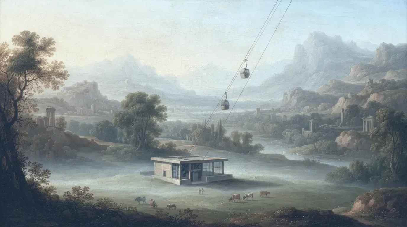 Painted valley floor in old-master oil at first light: the modern base station shed among pasture and mist, the haul rope leaving it and climbing steeply out of the top of the picture with two gondolas low on the rope.
