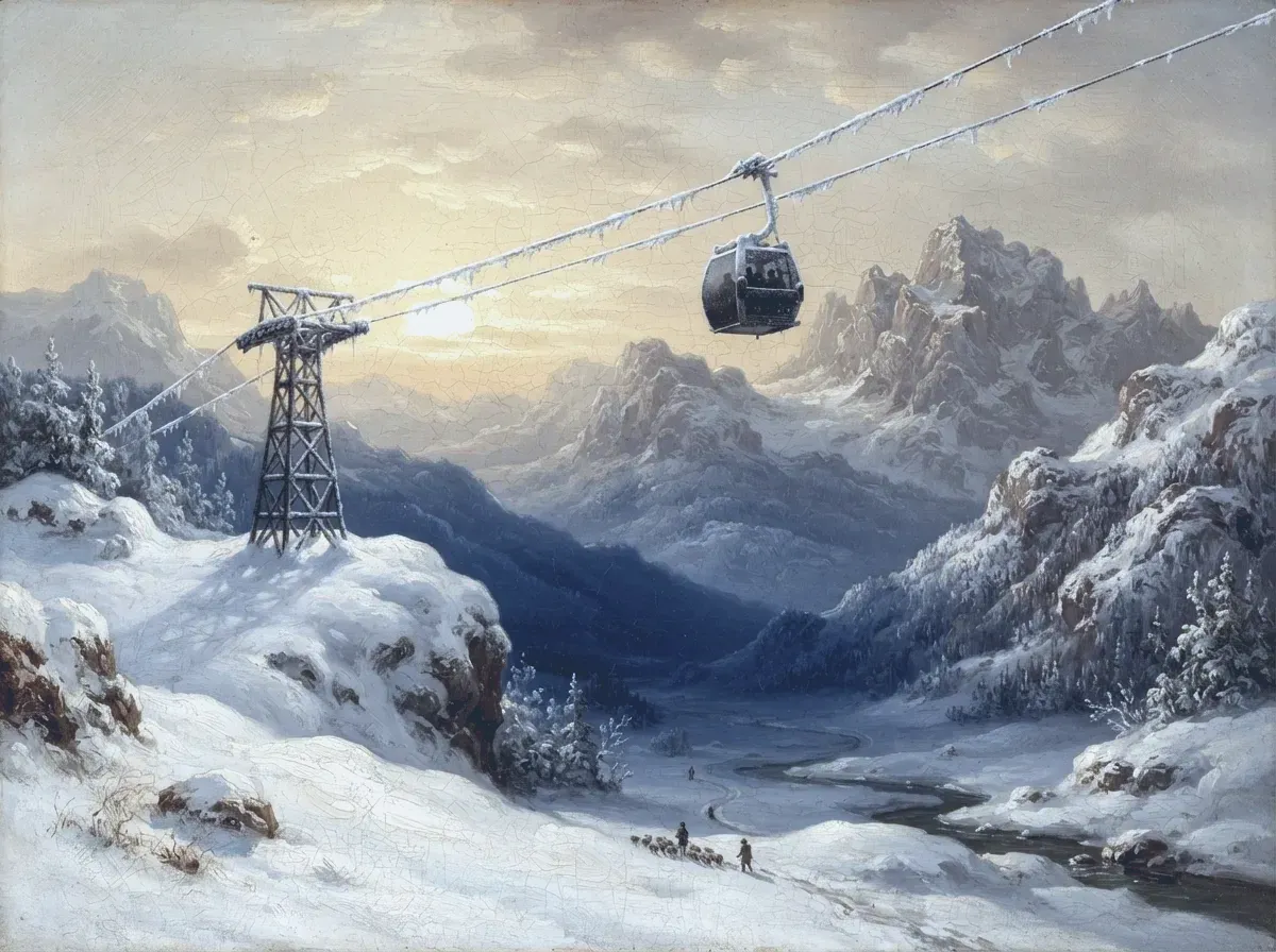 Painted alpine winter scene in old-master oil: the modern haul rope carrying rime, a steel lattice tower half buried in drift, one gondola crossing a white col under a low sun.