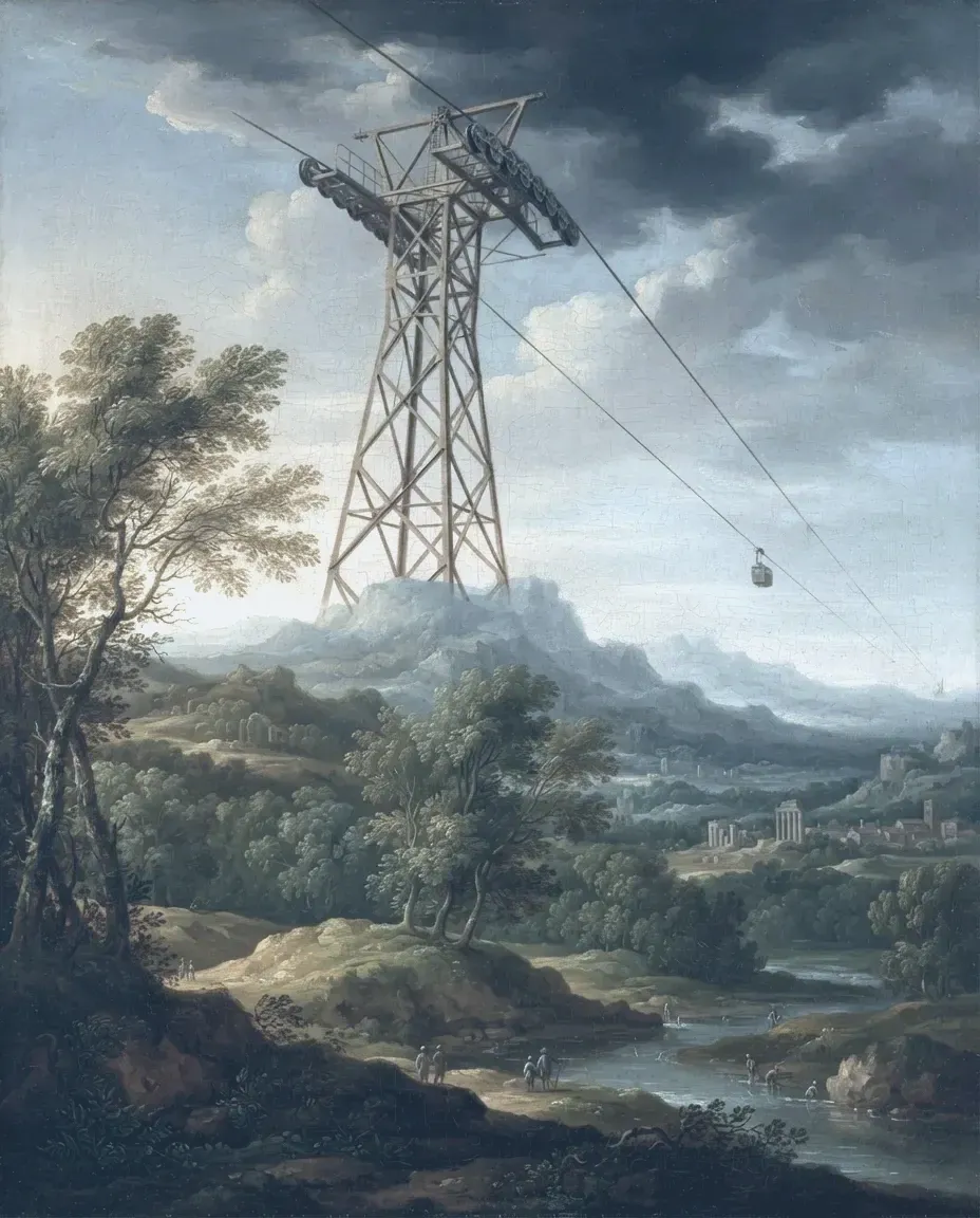 Painted alpine scene in old-master oil, upright: one modern steel lattice cableway tower seen from below against broken storm cloud, the haul rope running over its sheave train and a small gondola further down the rope.
